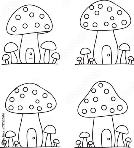 Mushroom Houses Line Art Village Fungi Dwellings Group Line Illustration