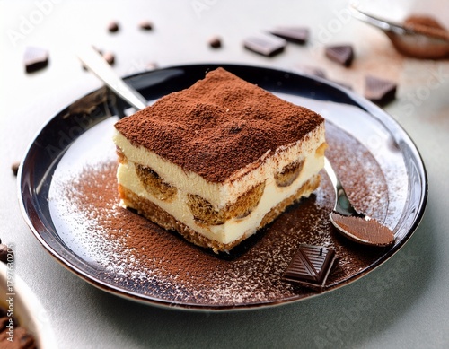 delicious tiramisu dessert with layers of cream and chocolate shavings
