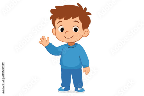 Adorable young boy standing cheerfully in blue outfit raising hand to wave hello