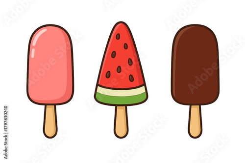 Assortment of sweet frozen desserts on sticks including fruit and chocolate flavors