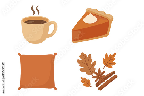 Warm seasonal objects featuring hot beverage, slice of pumpkin pie, decorative pillow, and dried autumn leaves