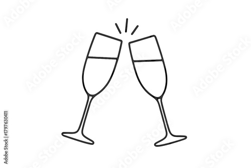 Outline of two champagne flutes clinking together symbolizing a festive toast