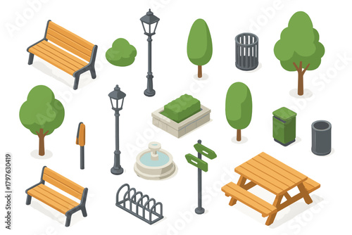 Isometric public park street furniture set including trees benches lampposts and picnic table