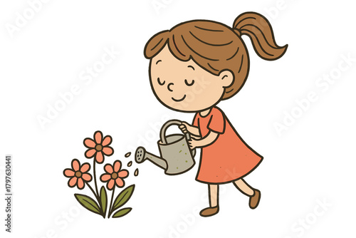 Happy little girl with brown hair watering pink flowers using a small gray watering can