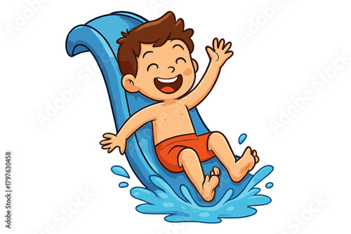 Cheerful child enjoying a thrilling ride down a water slide at the aqua park