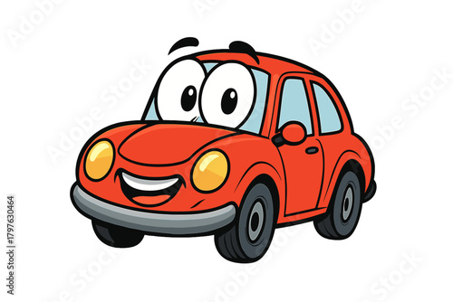 Friendly red passenger vehicle character smiling widely with large cartoon eyes