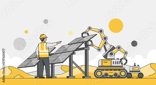 Futuristic solar panel installation with worker overseeing robotic arm deployment in desert terrain