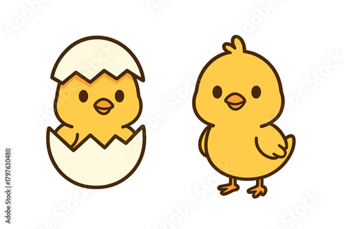 Adorable cartoon baby chicks hatching from eggshells for Easter and spring themes