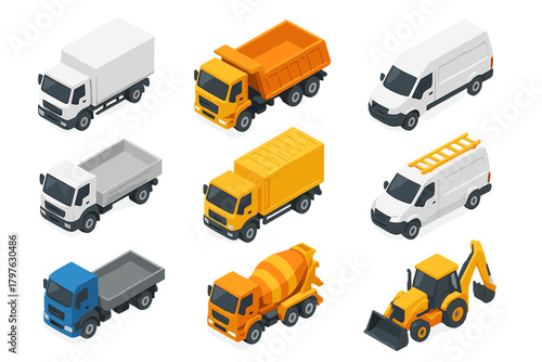 Isometric set of commercial transport and construction machinery vehicles isolated on white background