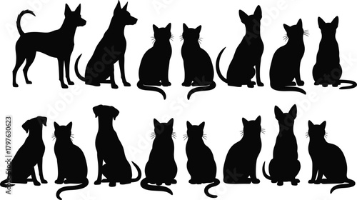Black cat and dog silhouette vector illustration showing pets sitting and standing in various poses isolated on white background design.