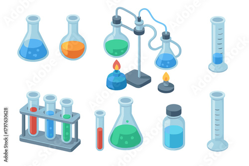 Isometric chemistry laboratory glassware set including flasks, test tubes, burners, and graduated cylinders
