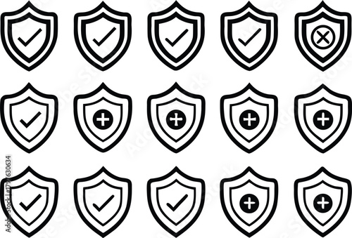 Collection of shield icons with checkmark and plus symbols for security