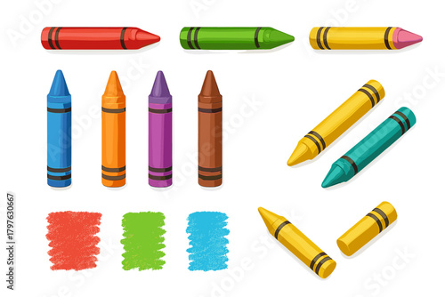 Assortment of vibrant wax crayons in different colors and orientations with sample drawing textures