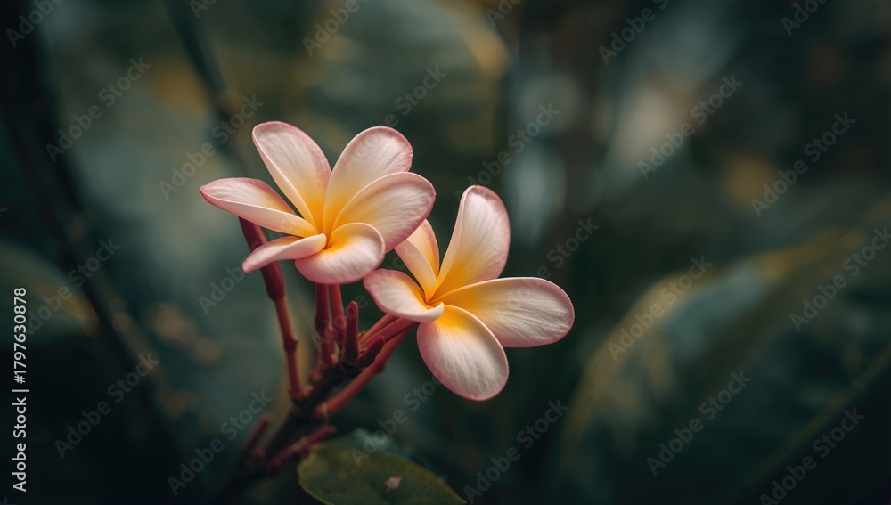 Fototapeta premium Plumeria tree adorned with frangipani flowers, vibrant tropical design for editorial backdrops