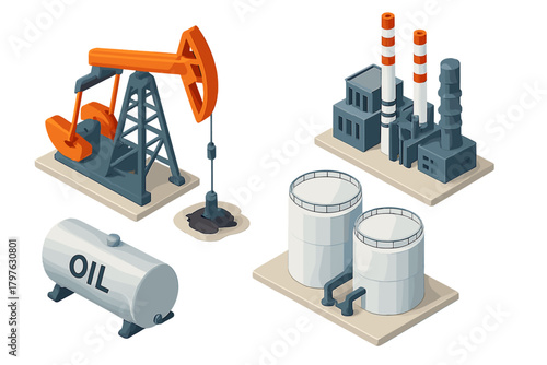 Isometric set of oil and gas industry elements featuring pumpjack, refinery, and storage tanks