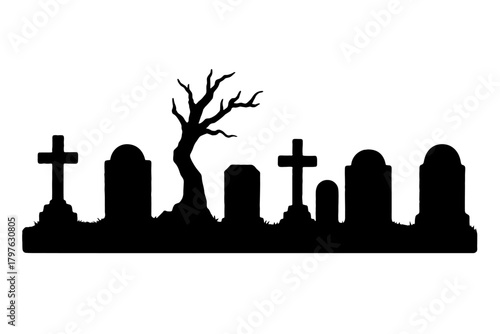 Dark silhouette of a spooky graveyard with various tombstones, crosses, and a barren tree