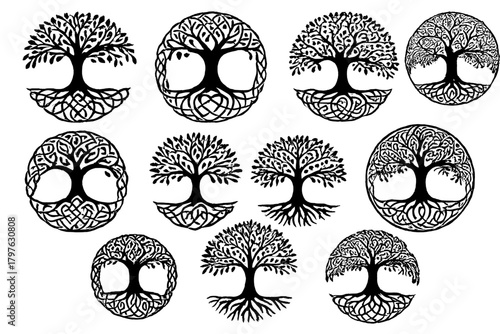 Stylized Celtic Tree of Life symbols and Yggdrasil icons in black and white