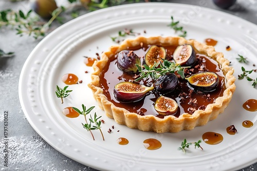 Wallpaper Mural An elegant white plate presenting a Christmas fig tart with caramel dots and fresh herbs Torontodigital.ca