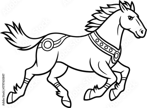 Outline drawing of a majestic horse in full gallop with decorative harness