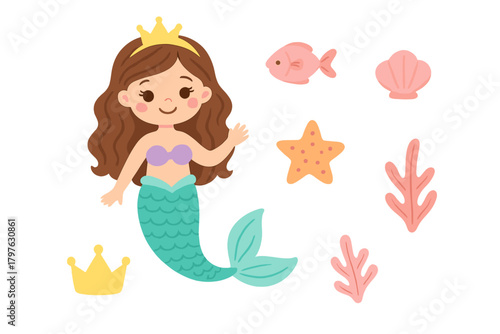 Cute cartoon mermaid princess character with underwater elements set