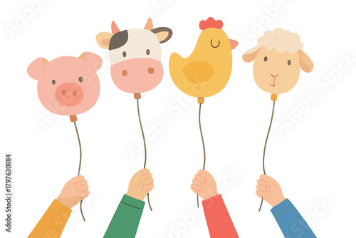 Diverse hands holding cute farm animal balloons including pig cow chicken and sheep