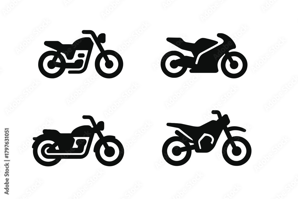 Fototapeta premium Collection of various motorcycle silhouettes including sport, cruiser, and off-road bikes