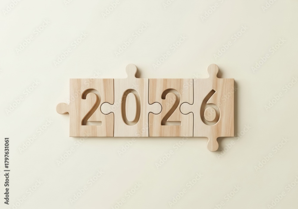 Obraz premium The year 2026 cut out from four wooden jigsaw puzzle pieces, fitting together perfectly