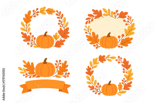 Decorative autumn pumpkin and fall foliage wreaths and frames collection for harvest festivals