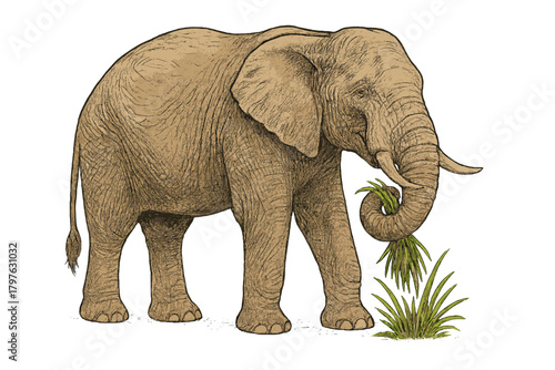 African elephant standing in profile, using its trunk to eat green grass