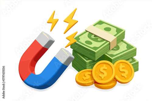 Powerful horseshoe magnet attracting large stacks of dollar currency and gold coins