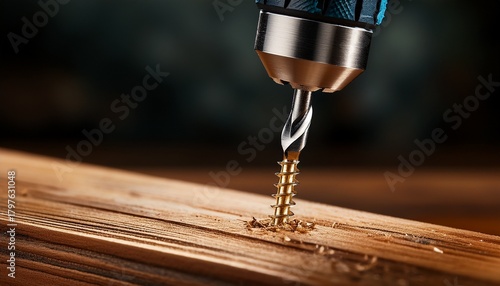close up of a drill driving a screw into wood