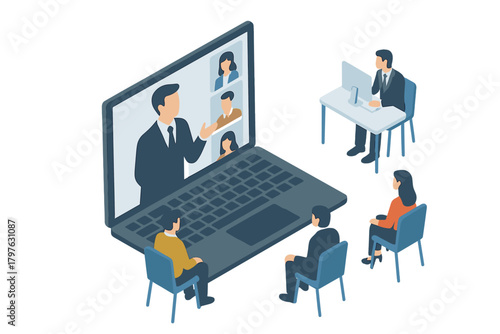 Isometric business team attending an online video conference via laptop computer