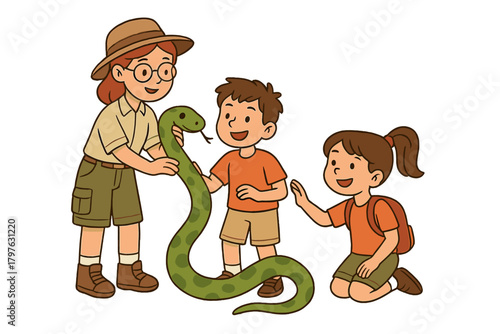 Nature guide holding a large green snake for two curious children during an outdoor learning experience