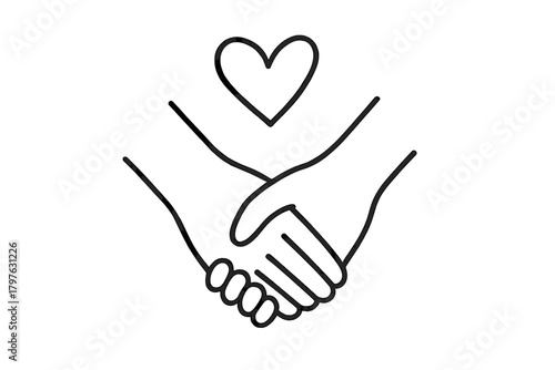 Minimalist black line drawing of two hands holding each other with a floating heart symbol