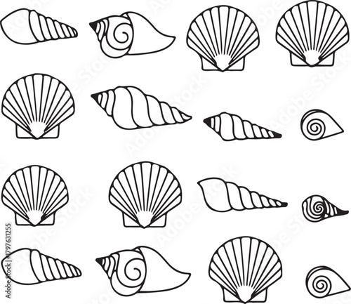Seashell Outlines Collection Seamless Pattern: Nautical Beach Decorative Elements Set