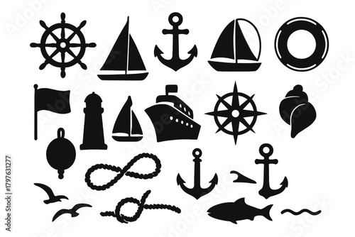 Large collection of black silhouette symbols representing nautical and marine objects