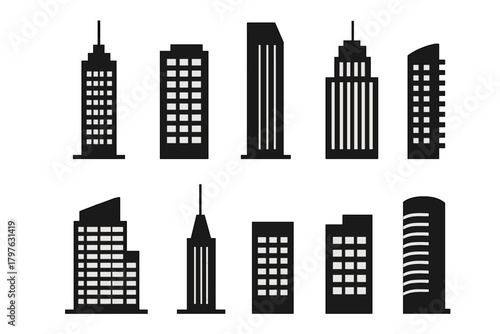 Black silhouettes of modern urban architecture and high-rise buildings