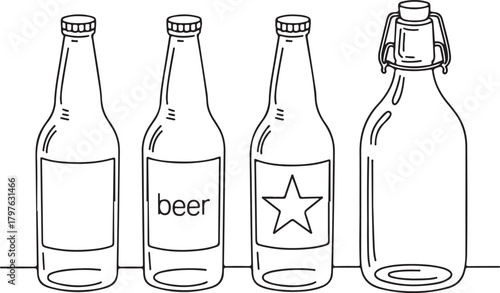 Quartet of Outline Beer Bottles with Labels and Stopper on an Abstract Landscape