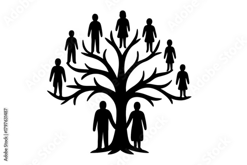 Family tree diagram with generations of people silhouettes on branches and trunk