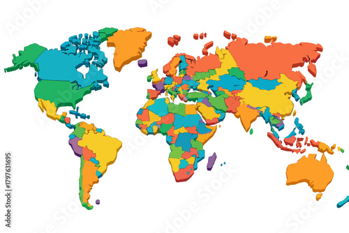 Brightly colored three-dimensional world map showing all countries and continents isolated on white