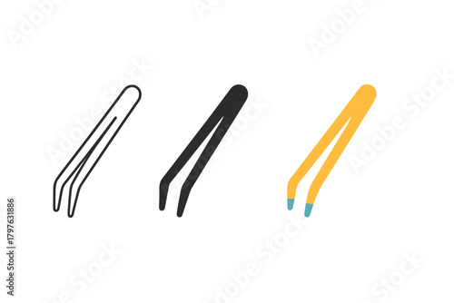 Three different colored tweezers are shown in a row. The black and yellow tweezers are the same size, but the black one is longer. The yellow tweezers are shorter than the black ones