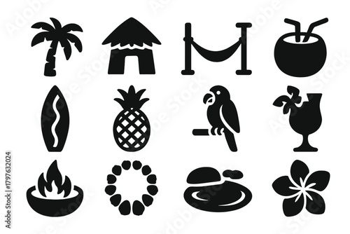 Tropical Beach Icons. Solid style icons of tropical beach: palm tree, tiki hut, hammock, coconut, surfboard, pineapple, parrot,