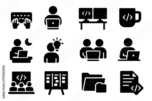 Developer Workflow Icons. Solid style icons of developer workflow: typing on keyboard, coding on laptop, dual monitor setup,