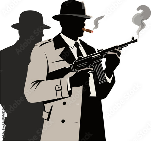 Gangster Silhouette with Tommy Gun and Smoking Cigar Vector, Classic Mafia Mobster Noir