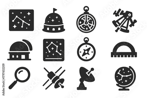 Astronomy Tools Icons. Solid style icons of Astronomy tools: star chart, planetarium, astrolabe, sextant, observatory dome, sky