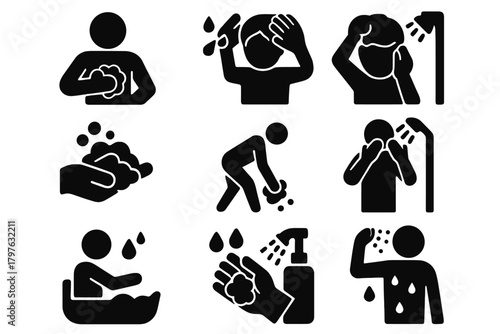 Cleaning Icons Collection. Solid style icons of Cleaning actions: scrubbing body, washing hands, rinsing hair, lathering soap,