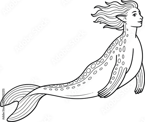Whimsical line art illustration of a mythical selkie creature with flowing hair