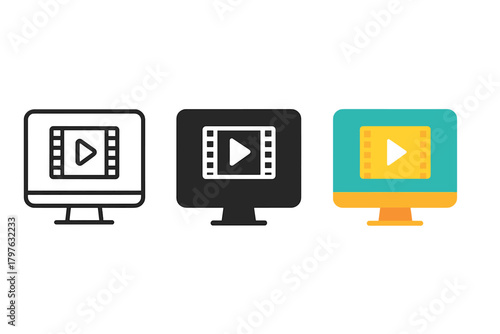 Three computer monitors with a video player icon on each. The top monitor has a black and white video player, the middle monitor has a black and white video player with a yellow arrow