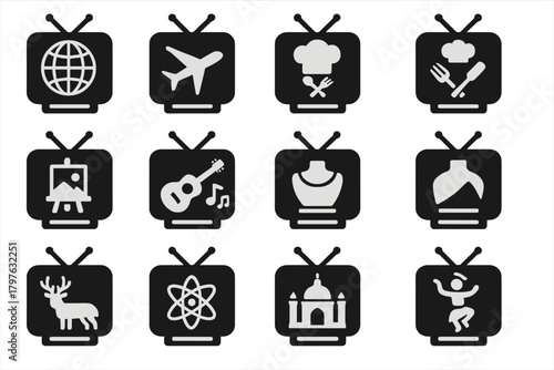 Cultural TV Icons. Solid style icons of cultural TV: world documentary, travel show, cooking culture, art exhibition TV, music