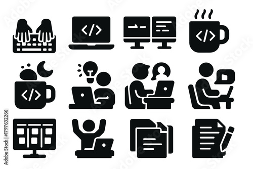 Developer Workflow Icons. Solid style icons of developer workflow: typing on keyboard, coding on laptop, dual monitor setup,